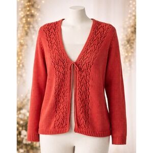 Tsunami Cottagecore Grannycore Knit Cardigan Tie Front Lace Panel SweaterL